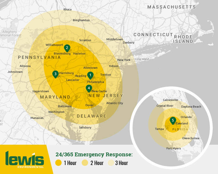 24 hour 365-day Emergency Disaster, Spill and Environmental Incident Response in Pennsylvania, New Jersey, New York, Maryland, Delaware, Connecticut and Florida